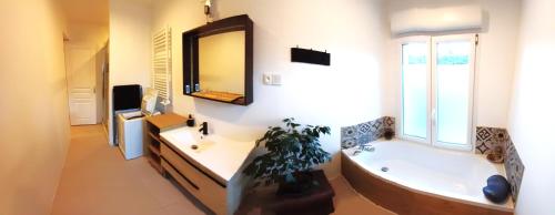 a bathroom with a large tub and a mirror at La Paillote relais du Chatô n3 in Quend
