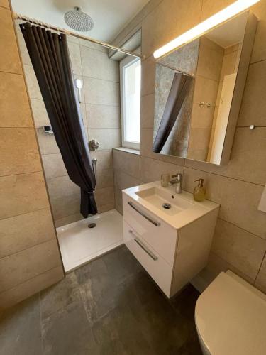 a bathroom with a sink and a shower and a toilet at Minusio-Locarno Casa al Lago 2 in Minusio