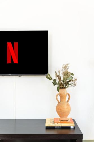 a vase sitting on a table next to a tv at Grand appartement Familiale - Camargue in Salin-de-Giraud