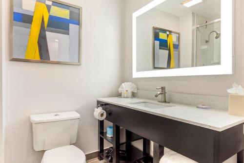 a bathroom with a sink and a toilet and a mirror at Comfort Inn & Suites Irving Las Colinas DFW in Irving