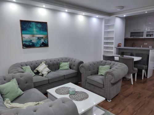 a living room with two couches and a table at Novak apartman in Subotica