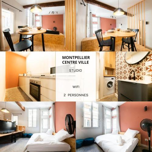 un collage de photos d'une cuisine et d'un salon dans l'établissement Le hollandais - Cœur de ville, à Montpellier