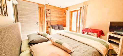 Saint-Jacques-en-ValgodemardにあるLes Clarines Perceneige - Chambre d'Hôtes Vue Sur Montagneのベッドルーム1室(ベッド1台、テレビ付)