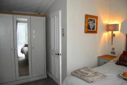 a bedroom with a bed and a door with a mirror at Birch Tree Lodge 96 Main park in Jedburgh