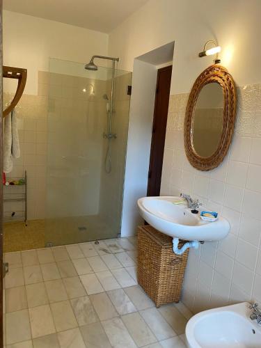 uma casa de banho com um lavatório e um chuveiro em Corgos, Passaros em Monchique