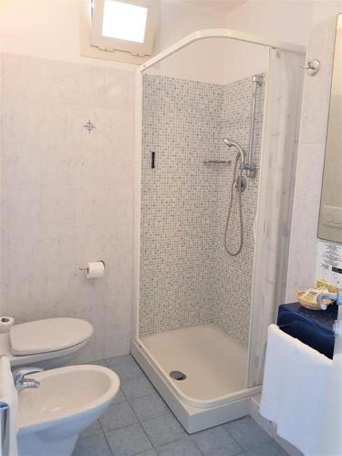 a bathroom with a shower and a toilet and a sink at Hotel Villa Rosa in Misano Adriatico