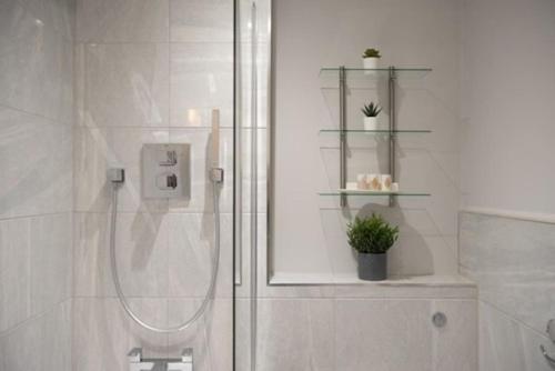 La salle de bains est pourvue d'une douche avec une porte en verre. dans l'établissement Beautiful, Spacious 1 bed flat, à Brentwood