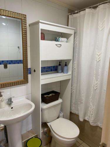 uma casa de banho com um WC, um lavatório e um espelho. em Departamento Centro Curicó em Curicó