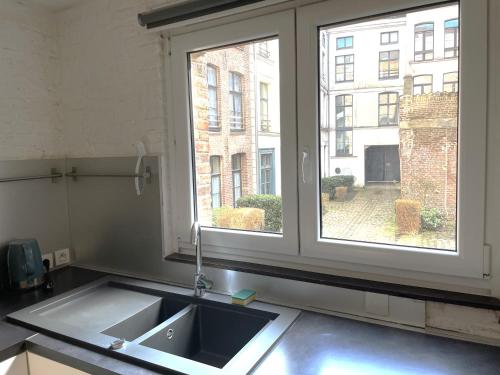 une cuisine avec un évier et une fenêtre dans l'établissement Escalille le Royale, à Lille