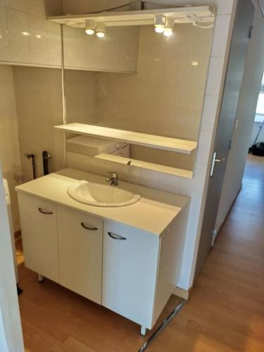 une salle de bain blanche avec un lavabo et un miroir dans l'établissement Spacieuse et confortable maison avec garage, à Anzin