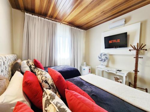 a room with a bed and a tv on the wall at Pousada Geada de Campos in Campos do Jordão