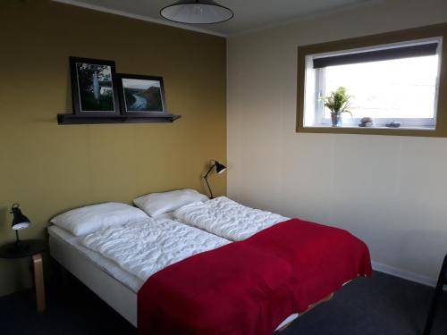 a bedroom with a bed with a red blanket and a window at Feriehus ved Barentshavet - Holiday home by the Barents Sea in Ytre Kiberg