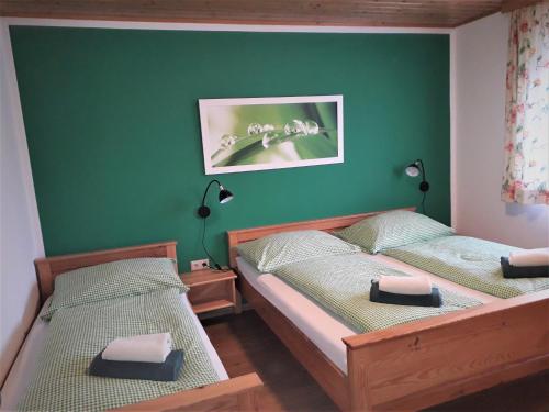 two twin beds in a room with green walls at Ferienwohnung am See in Sankt Kanzian