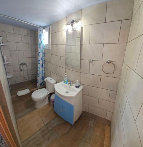 a small bathroom with a toilet and a sink at 4 Seasons Suites Paradise Athens Airport in Markopoulo