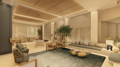 a rendering of a living room with a couch and chairs at Patmos Aktis Resort & Spa in Grikos
