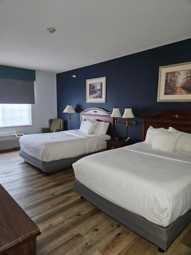 two beds in a hotel room with blue walls at Wingate by Wyndham Youngstown - Austintown in Youngstown