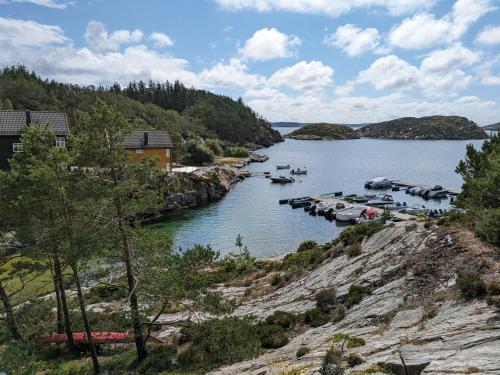a group of boats docked at a marina on a lake at Svært nydelig fritidshytte in Forland