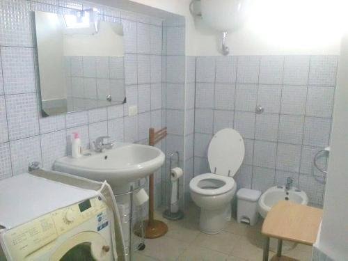 uma casa de banho com um lavatório, um WC e um espelho. em One bedroom appartement with wifi at Bari Sardo 3 km away from the beach em Bari Sardo