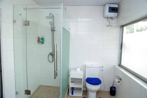 La salle de bains blanche est pourvue d'une douche et de toilettes. dans l'établissement AJ HOMES, à Benin City
