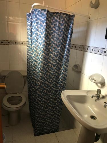 a bathroom with a shower curtain and a sink at Hotel El sol in Copiapó