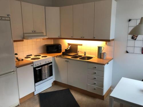 a small kitchen with white cabinets and a sink at Lovely Ostermalm apartment in Stockholm