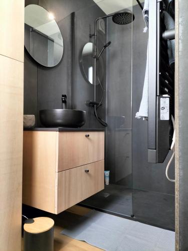 une salle de bain avec un lavabo et une douche dans l'établissement Studio Zen et Bois, à Écouflant