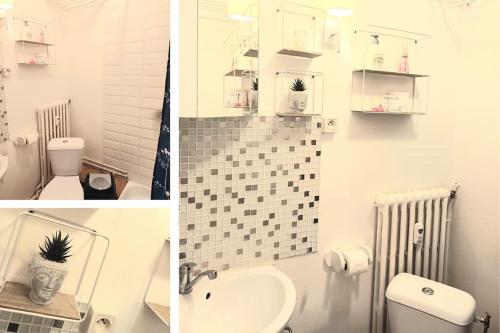 two pictures of a bathroom with a toilet and a sink at Le Parvis - Vue Cathédrale - Plein Centre Ville in Beauvais
