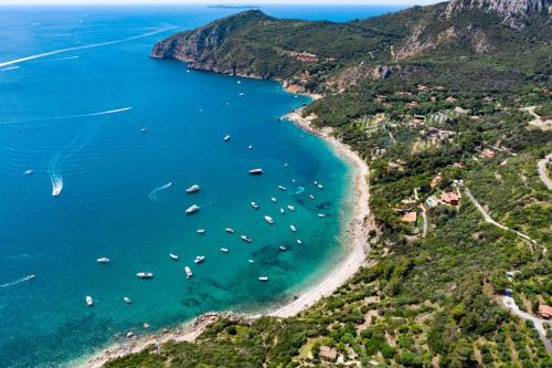 uma vista aérea de uma praia com barcos na água em Residence Giannella - Pitosforo 46 em Giannella