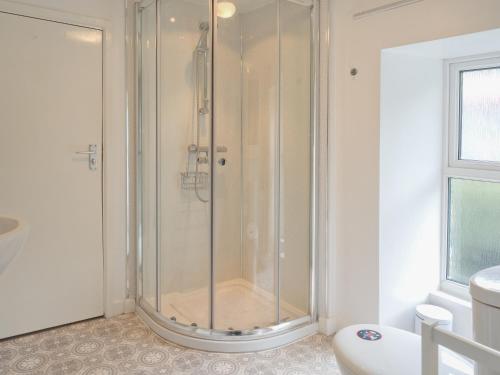 a shower with a glass door in a bathroom at Brigydon Tresaith in Penbryn