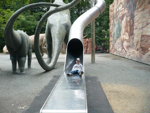 a man sitting on a slide in front of an elephant at Ferienwohnungen Gorn in Steinölsa