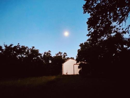 a barn in a field with the moon in the sky at Gorgeous Modern Cabin w Heated Pool, Firepit in Dripping Springs