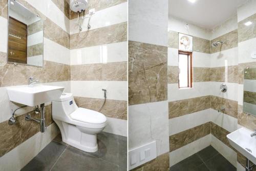 two pictures of a bathroom with a toilet and a sink at Hotel Silver Crown in New Delhi