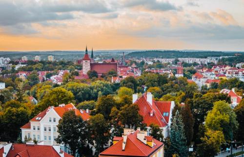 a view of a city with red roofs at Apartament Zatorze in Olsztyn