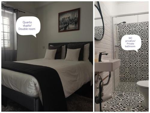 two pictures of a bedroom with a bed and a bathroom at Casa do Trovador in Serra