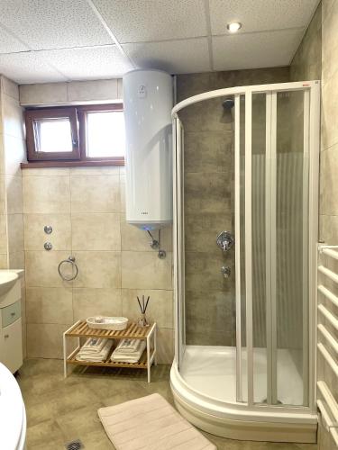 a bathroom with a shower and a sink at Вила Фреди in Varna City