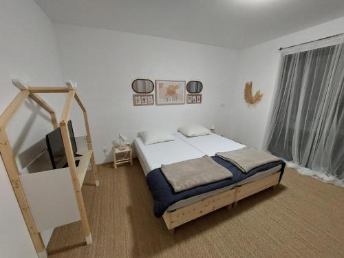 une chambre avec un lit et une échelle dedans dans l'établissement Maison récente cazaux, à La Teste-de-Buch