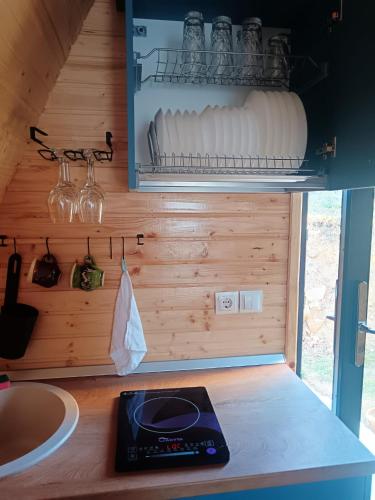 a kitchen counter with a toaster and glasses on a wall at CARPATINA Rustic House in Runcu