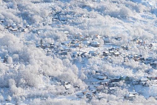 an aerial view of a village in the snow at CARPATINA Rustic House in Runcu