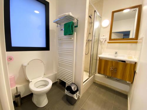 a bathroom with a toilet and a sink and a mirror at Chambres Pasteur in Montreuil