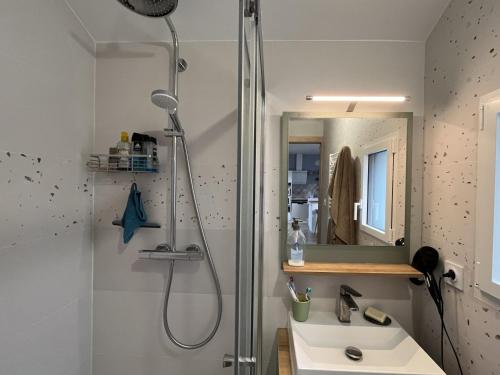 uma casa de banho com um chuveiro e um lavatório. em Maison La Bernerie-en-Retz, 4 pièces, 6 personnes - FR-1-612-31 em La Bernerie-en-Retz