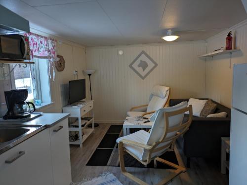 uma pequena cozinha e sala de estar com um sofá em Hyttingsfabodstugor em Borlänge