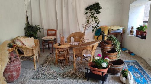 un salon avec une table, des chaises et des plantes en pot dans l'établissement Val Del Vent - Ideale per Coppie, à Brusino