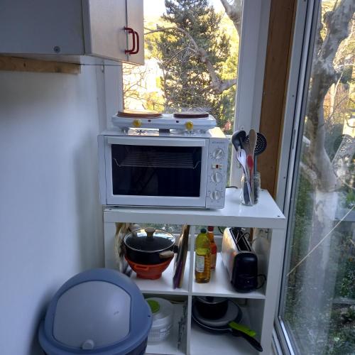 une petite cuisine avec un four micro-ondes sur une étagère dans l'établissement Petit studio parmi les pins et les cypres, à Marseille