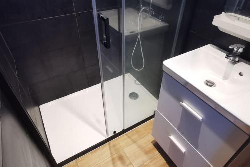 a bathroom with a glass shower and a sink at Pieds dans l'eau - La Villa Crique aux tortues in Zonza
