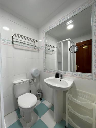 a bathroom with a toilet and a sink and a mirror at Pensión La Encina in Santo Domingo de la Calzada