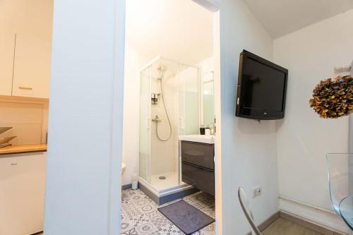 a bathroom with a television on a wall with a sink at Charmant Studio au cœur des Marais Salants in Arles