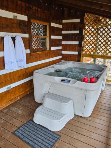 a bath tub in a wooden cabin with a toilet at Meadows Way 3378 in Pigeon Forge