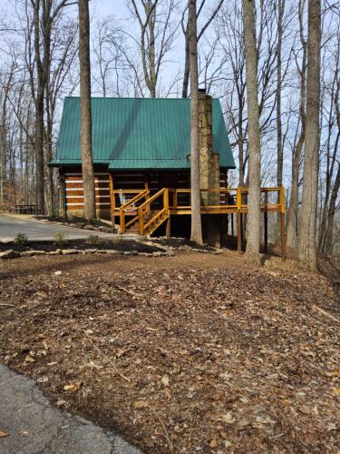 a log cabin with a green roof in the woods at Meadows Way 3378 in Pigeon Forge