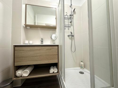 a bathroom with a shower and a sink at Au cœur des grattes ciels in Villeurbanne