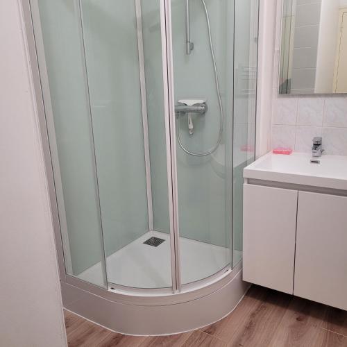 une douche avec une porte vitrée dans une salle de bain dans l'établissement la petite montagne, à Le Puy-Notre-Dame